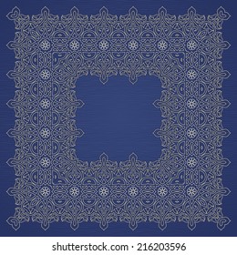 Filigree vector frame in Eastern style. Ornate element for design and place for text. Ornamental lace pattern for wedding invitations and greeting cards. Traditional floral decor.