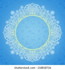 Filigree vector frame in Eastern style. Ornate element for New Year's design and place for text. Ornamental lace pattern for wedding invitations and greeting cards. Elegant winter lacy decor.