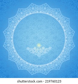 Filigree vector frame in Eastern style. Ornate element for New Year's design and place for text. Ornamental lace pattern for wedding invitations and greeting cards. Elegant winter lacy decor.