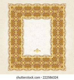 Filigree vector frame in Eastern style. Ornate element for design and place for text. Ornamental lace pattern for wedding invitations and greeting cards. Traditional floral golden decor. 