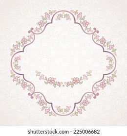 Filigree vector frame in Eastern style. Ornate element for design, place for text. Ornamental lace pattern for wedding invitations and greeting cards.Traditional vintage floral decor in pastel colors.