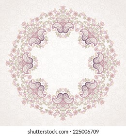 Filigree vector frame in Eastern style. Ornate element for design, place for text. Ornamental lace pattern for wedding invitations and greeting cards.Traditional vintage floral decor in pastel colors.