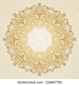 Filigree vector frame in Eastern style. Ornate element for design, place for text. Ornamental lace pattern for wedding invitations and greeting cards.Traditional vintage floral decor in gold colors.
