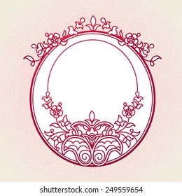 Filigree vector frame in Eastern style. Ornate element for design, place for text. Ornamental red border for wedding invitations and greeting cards. Traditional vintage floral decor.