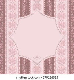 Filigree vector frame in Eastern style. Ornate element for design and place for text. Ornamental lace pattern for greeting cards. Traditional floral Pink and  Brown decor.
