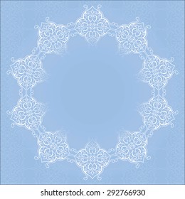 Filigree vector frame in Eastern style. Ornate element for design and place for text. Ornamental lace pattern for wedding invitations and greeting cards. Traditional floral decor.