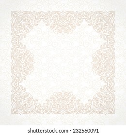 Filigree vector frame in Victorian style. Ornate element for design, place for text. Ornamental beige pattern for wedding invitations and greeting cards. Traditional vintage floral decor.