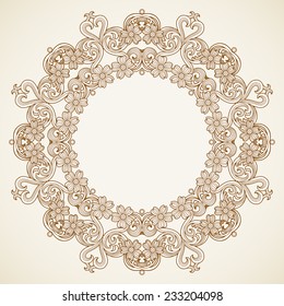 Filigree vector frame in Victorian style in shape of a circle. Ornate element for design. Ornamental drown pattern for wedding invitations, greeting cards. Traditional vintage floral decor.