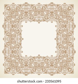 Filigree vector frame in Victorian style in shape of a square. Ornate element for design, place for text. Ornamental pattern for wedding invitations, greeting cards. Traditional vintage floral decor.