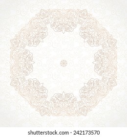 Filigree vector frame in Victorian style. Ornate element for design, place for text. Ornamental beige pattern for wedding invitations and greeting cards. Traditional vintage floral decor.