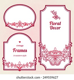 Filigree vector frames in Eastern style. Ornate element for design, place for text. Ornamental red borders for wedding invitations and greeting cards. Traditional vintage floral decor.