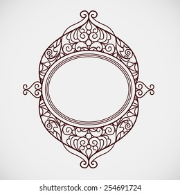 Filigree vector line art frame in Eastern style. Ornate element for design, place for text. Ornamental golden border for wedding invitations and greeting cards. Traditional vintage floral decor.