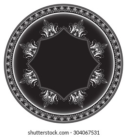 Filigree white on black frame. Mandala.
Vector vintage pattern in shape of a circle. Ornate floral element for design. Traditional white on black color.


