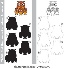 Filin Owl Mother and her Infant to find the correct shadow, the matching educational kid game to compare and connect objects and their true shadows, simple gaming level for preschool kids.