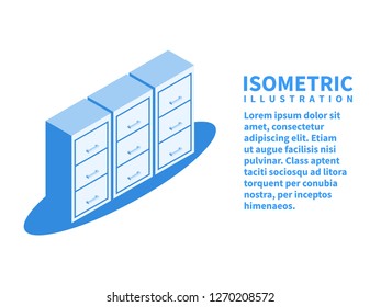 Filing cabinet, Archive of documents icon. Isometric template in flat 3D style. Vector illustration.