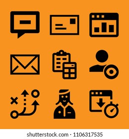 filing cabinet, chat, post, newsletter, contact and checkbox icon vector set. Flat vector design with filled icons. Designed for web and software interfaces