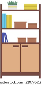 Filing Cabinet For Document Storage With Folders And Boxes. Cupboard With Shelves For Home Interior Isolated On White. Wooden Rack With Shelves, Drawers With Handles. Office Or Home Furniture.