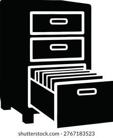 Filing cabinet icon with an open bottom drawer showing organized hanging file folders inside, isolated on white background, vector illustration.