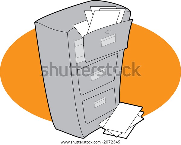 Filing Cabinet Open Drawers Overflowing Papers Stock Vector