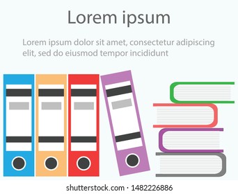 Filing documents folders in colorful colors. Isolated on light blue background, free space for text.  Vector Illustration. Idea for education and working business concept.