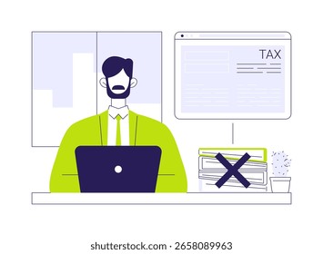 Filing online form abstract concept vector illustration. Businessman with laptop filing tax form online, e-documents creation, modern technology, electronic report service abstract metaphor.