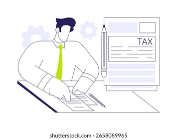 Filing tax form abstract concept vector illustration. Businessman filling out the tax form, signing documents, budget accounting, governmental source of income, money revenue abstract metaphor.