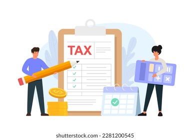 Filing tax return. Flat vector illustration of taxation concept. Characters preparing documents for income taxes.