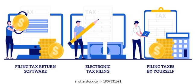 Filing tax return software, electronic tax filing, filing taxes by yourself concept with tiny people. Financial statement vector illustration set. Income reporting, revenue declaration metaphor.