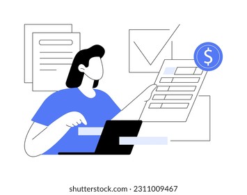 Filing the taxes abstract concept vector illustration. File income tax return, gather paperwork, employer form, earnings statement documents, tax preparation online software abstract metaphor.