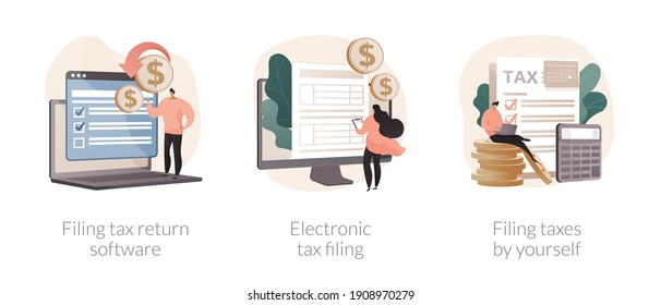 Filing taxes by yourself abstract concept vector illustration set. Filing tax return software, electronic documents, gather paperwork, e-file earnings statement, IRS form abstract metaphor.