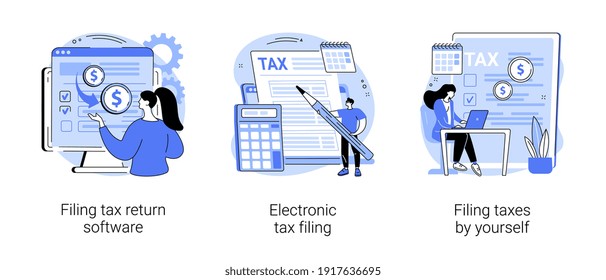 Filing taxes by yourself abstract concept vector illustration set. Filing tax return software, electronic documents, gather paperwork, e-file earnings statement, IRS form abstract metaphor.