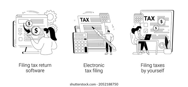 Filing taxes by yourself abstract concept vector illustration set. Filing tax return software, electronic documents, gather paperwork, e-file earnings statement, IRS form abstract metaphor.