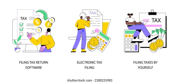 Filing taxes by yourself abstract concept vector illustration set. Filing tax return software, electronic documents, gather paperwork, e-file earnings statement, IRS form abstract metaphor.