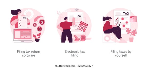 Filing taxes by yourself abstract concept vector illustration set. Filing tax return software, electronic documents, gather paperwork, e-file earnings statement, IRS form abstract metaphor.