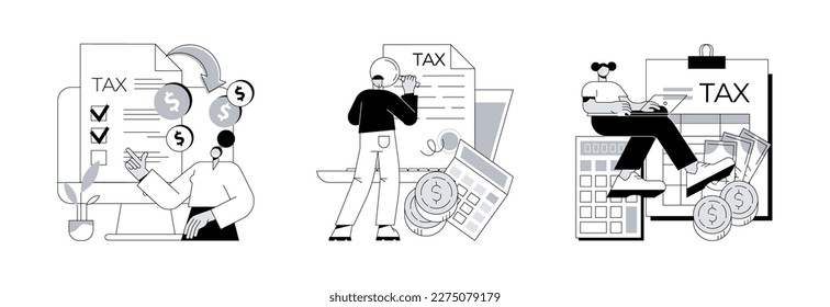 Filing taxes by yourself abstract concept vector illustration set. Filing tax return software, electronic documents, gather paperwork, e-file earnings statement, IRS form abstract metaphor.
