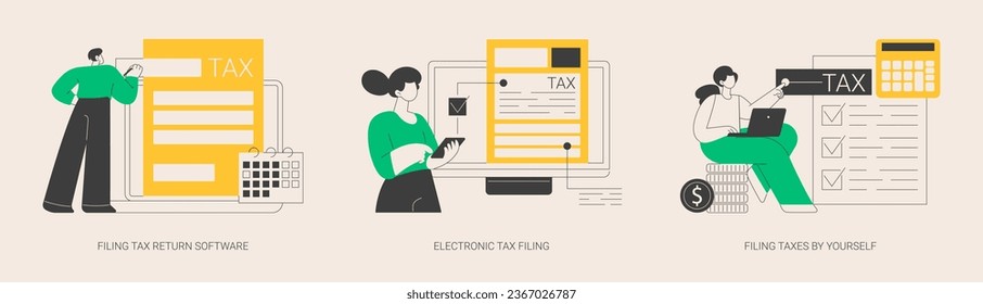 Filing taxes by yourself abstract concept vector illustration set. Filing tax return software, electronic documents, gather paperwork, e-file earnings statement, IRS form abstract metaphor.