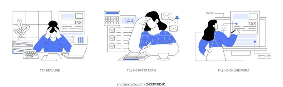 Filing taxes isolated cartoon vector illustrations set. Frustrated person on tax deadline day, filling paper form, accountant manager prepares financial report, filling online form vector cartoon.