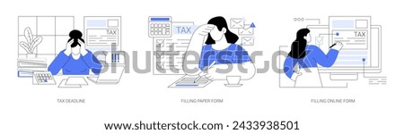 Filing taxes isolated cartoon vector illustrations set. Frustrated person on tax deadline day, filling paper form, accountant manager prepares financial report, filling online form vector cartoon.