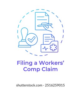 Filing workers compensation claim blue gradient concept icon. Healthcare insurance, medical report. Round shape line illustration. Abstract idea. Graphic design. Easy to use in infographic