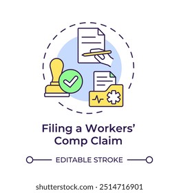 Ícone de conceito de várias cores para reivindicação de remuneração de trabalhadores de arquivamento. Seguro de saúde, relatório médico. Ilustração de linha de forma redonda. Ideia abstrata. Design gráfico. Fácil de usar no infográfico