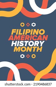Filipino American History Month. Happy holiday celebrate annual in October. Filipinos and United States flag. Culture month. Patriotic design. Poster, card, banner, template. Vector illustration