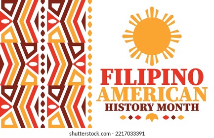 Filipino American History Month. Happy holiday celebrate annual in October. Filipinos and United States flag. Culture month. Patriotic design. Poster, card, banner, template. Vector illustration