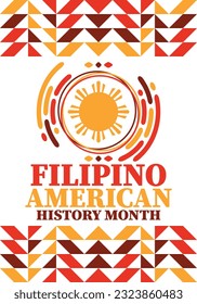 Filipino American History Month. Happy holiday celebrate annual in October. Filipinos and United States flag. Culture month. Patriotic design. Poster, card, banner, template. Vector illustration