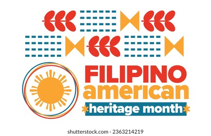 Filipino American History Month. Happy holiday celebrate annual in October. Filipinos and United States flag. Culture month. Patriotic design. Poster, card, banner, template. Vector illustration
