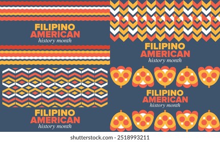 Filipino American History Month. Happy holiday celebrate annual in October. Filipinos and United States flag. Culture month. Patriotic design. Poster, card, banner, template. Vector illustration