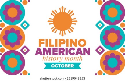 Filipino American History Month. Happy holiday celebrate annual in October. Filipinos and United States flag. Culture month. Patriotic design. Poster, card, banner, template. Vector illustration