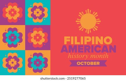 Mês da História Filipino-Americana. Feliz feriado comemorar anualmente em outubro. Bandeira das Filipinas e dos Estados Unidos. Mês da cultura. Design patriótico. Cartaz, cartão, banner, modelo. Ilustração vetorial