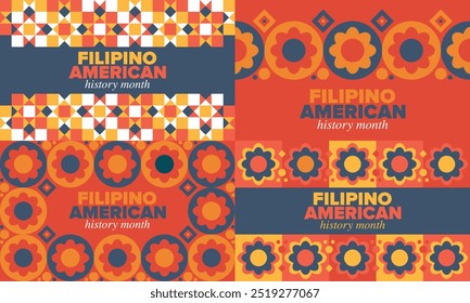 Filipino American History Month. Happy holiday celebrate annual in October. Filipinos and United States flag. Culture month. Patriotic design. Poster, card, banner, template. Vector illustration