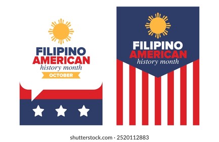 Filipino American History Month. Happy holiday celebrate annual in October. Filipinos and United States flag. Culture month. Patriotic design. Poster, card, banner, template. Vector illustration