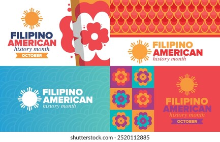 Filipino American History Month. Happy holiday celebrate annual in October. Filipinos and United States flag. Culture month. Patriotic design. Poster, card, banner, template. Vector illustration